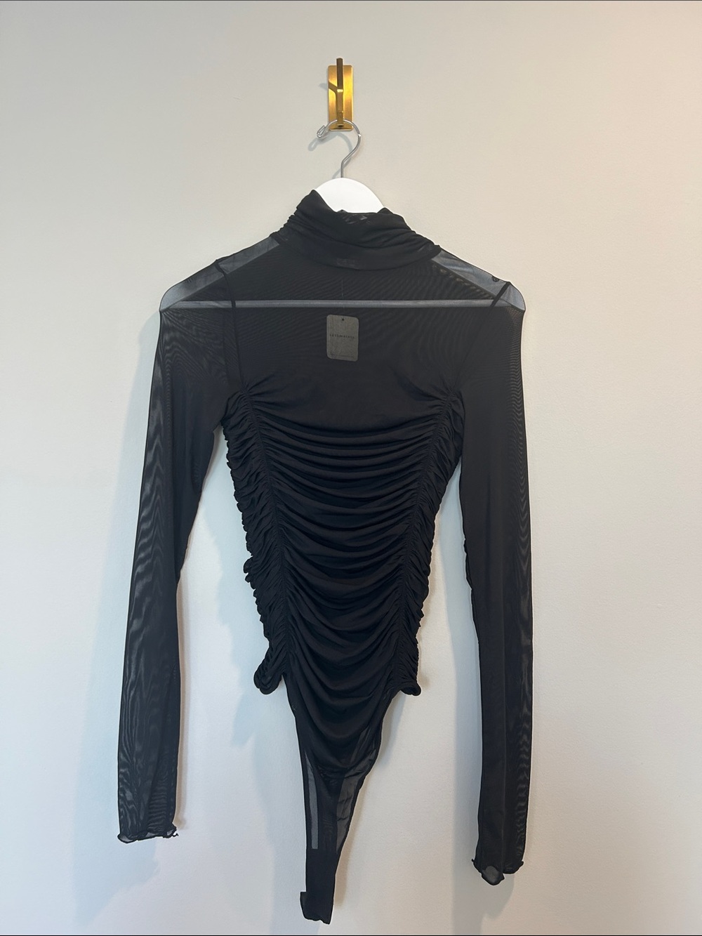 Free People Black Ruched Mesh Turtleneck Bodysuit